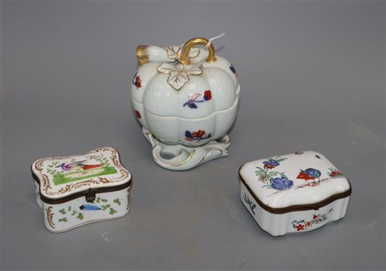 A Portuguese enamel box and cover and two other porcelain caskets, largest 13cm